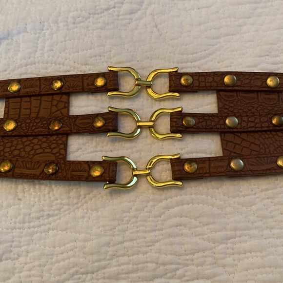 Accessories - Brown Croc-Embossed Triple Strap Belt with Gold Hardware